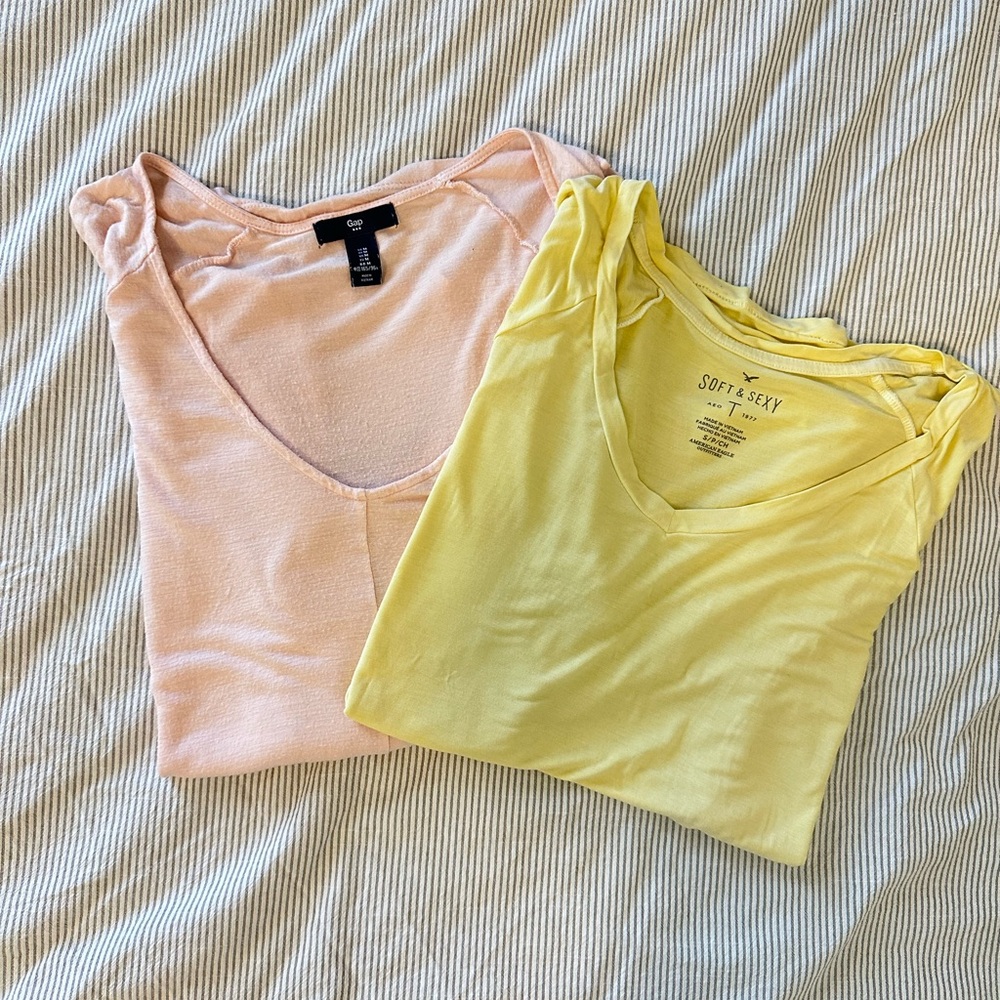 Women's V-Neck Tops - Pink and Yellow